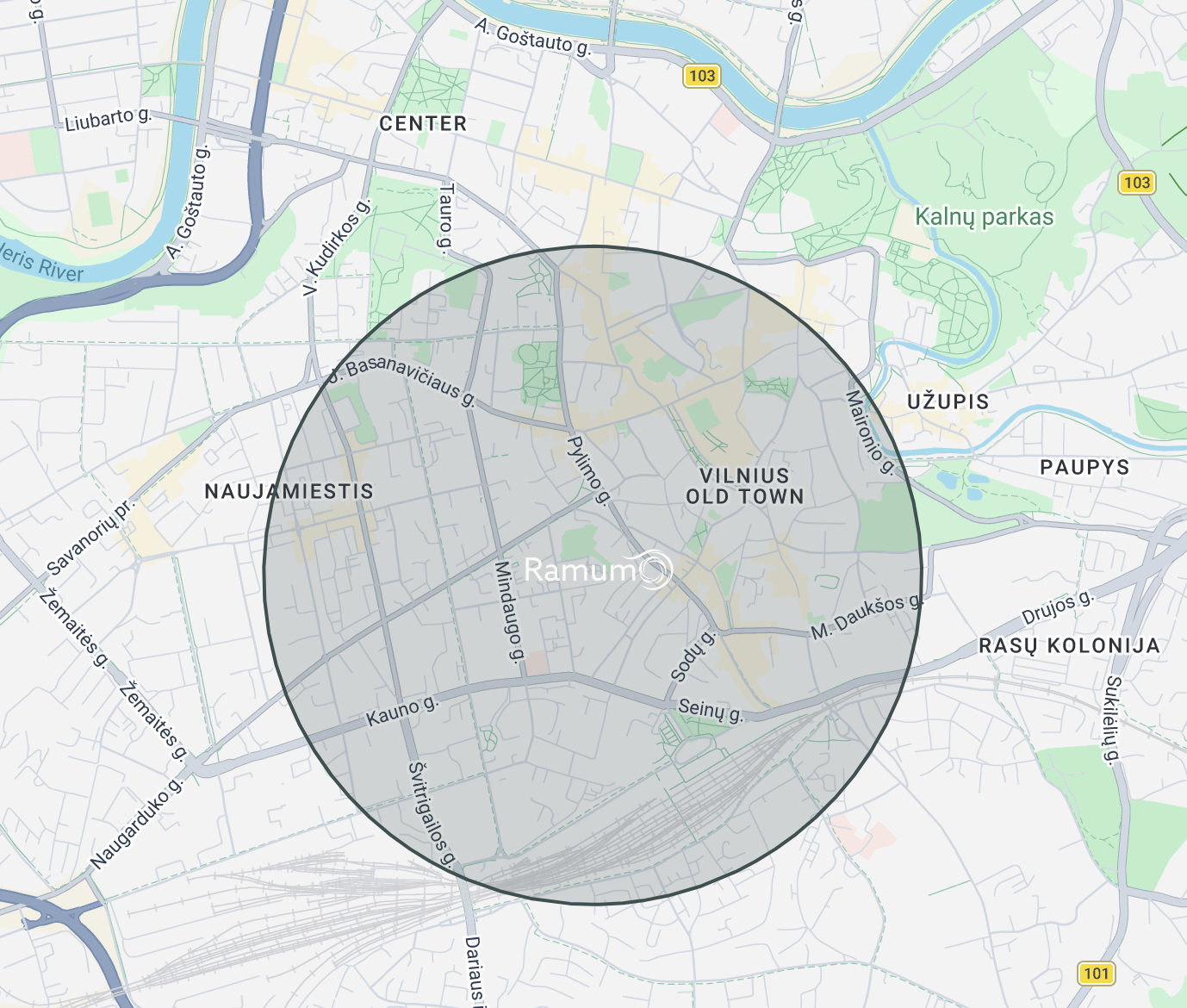 Pėsčiųjų pasiekiamumas — iki 20 min. aplink Ramumo